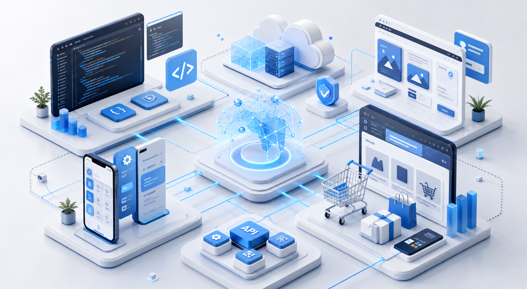 Connected web, mobile, ecommerce and AI development service modules